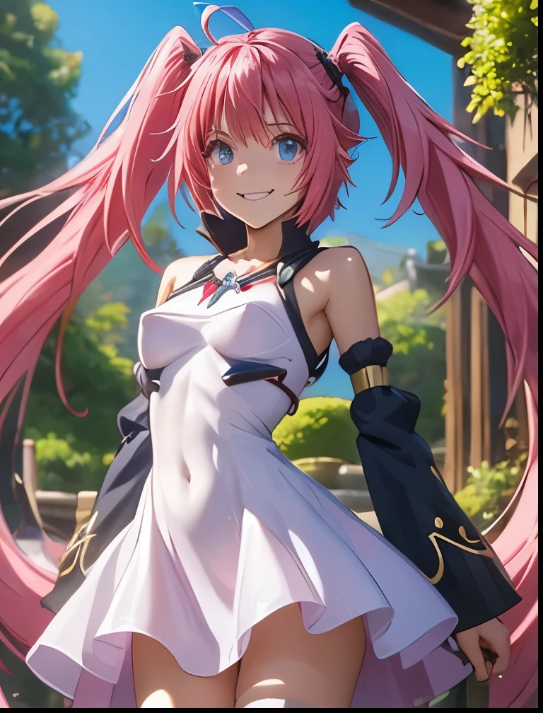 （（（ＳＦＷ、Precision、Highest quality、A first-class masterpiece、Normal body、8k、  Detailed Face 、Ultra-precision、 Normal hand、５refer to、Highest）））、-That Time I Got Reincarnated as a Slime-、Milim Nava、Pink hair、 Twin Tails、Nipple erection、White ultra-thin dress with transparent nipples、An innocent smile、wahahaha 