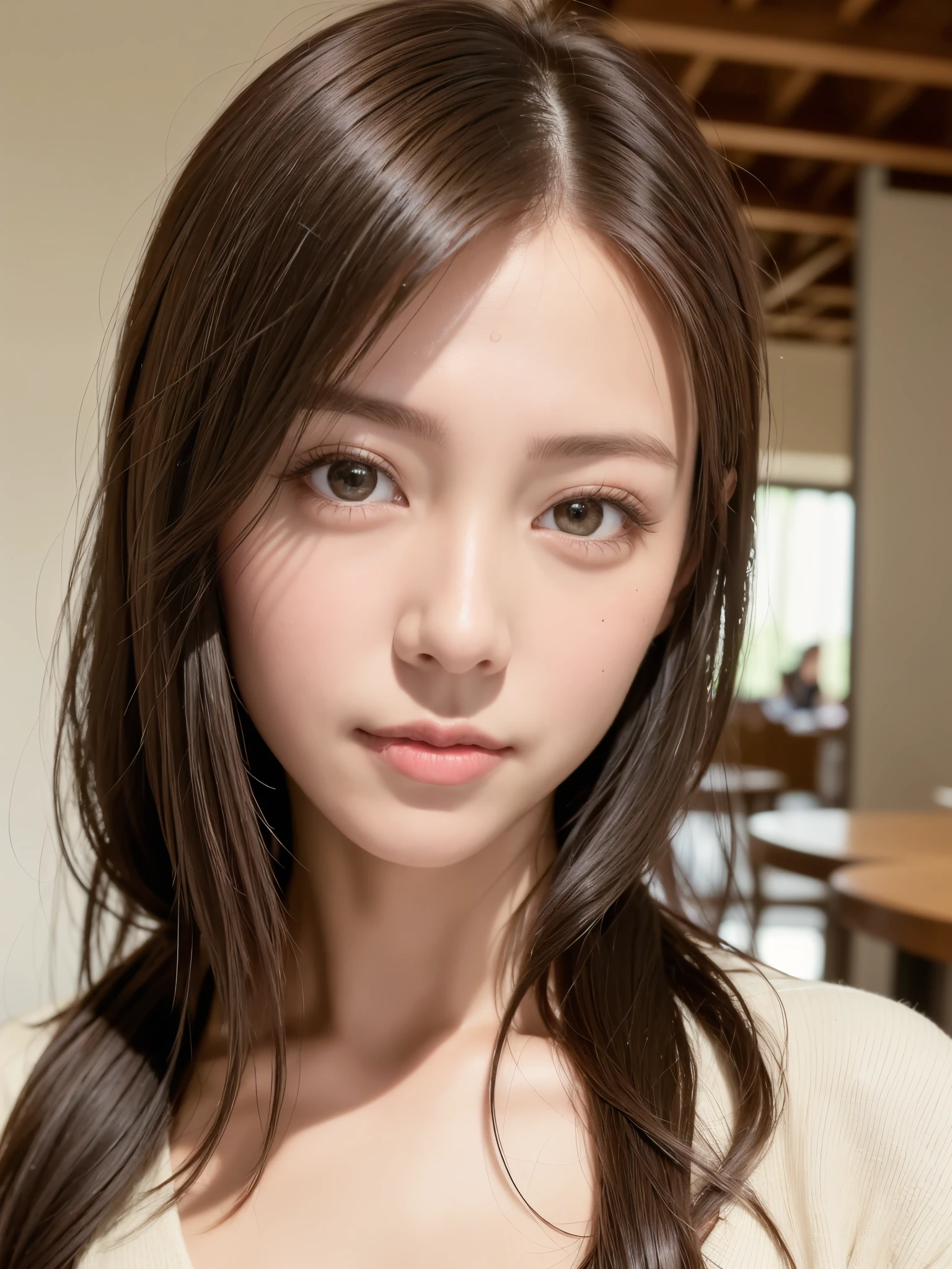 natta, Raw photography, (((Very beautiful portrait))), ((glistning skin)), 1girl in, Sexy 2 girl, Cafe Clerk、((Sauvage's natural brown hair)), Gentle smile staring at the camera, ((​masterpiece, top-quality, ultra-detailliert, ciinematic light, intricate detailes, hight resolution, 8K, ighly detailed)), detailedbackground, 8KUHD, Digital SLR, Soft lighting, hightquality, film grains, FujifilmXT3, Shallow depth of field, natural soft light、face perfect