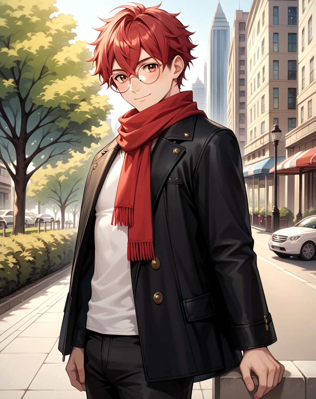 core_9,score_8_up,score_7_up,),score_9,score_8_up,score_7_up, {{anime, from side, cowboy shot, source_anime, outdoors, city, park, colorful, vibrant, looking at viewer, solo, standing}} male, cute, crimson hair, short hair, crossed bangs, round eyewear, black pants, black coat, red scarf, blush, gentle smile, head tilt, leaning forwards.
