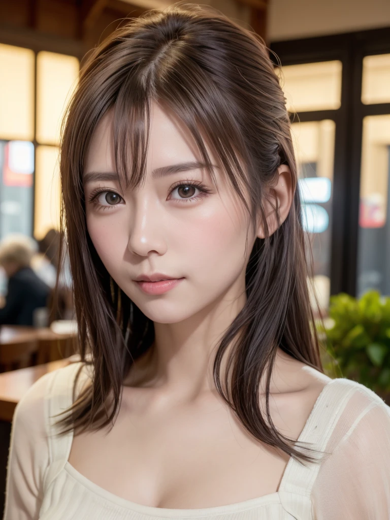 natta, Raw photography, (((Very beautiful portrait))), ((glistning skin)), 1girl in, Sexy 2 girl, Cafe Clerk、((Sauvage's natural brown hair)), Gentle smile staring at the camera, ((​masterpiece, top-quality, ultra-detailliert, ciinematic light, intricate detailes, hight resolution, 8K, ighly detailed)), detailedbackground, 8KUHD, Digital SLR, Soft lighting, hightquality, film grains, FujifilmXT3, Shallow depth of field, natural soft light、face perfect