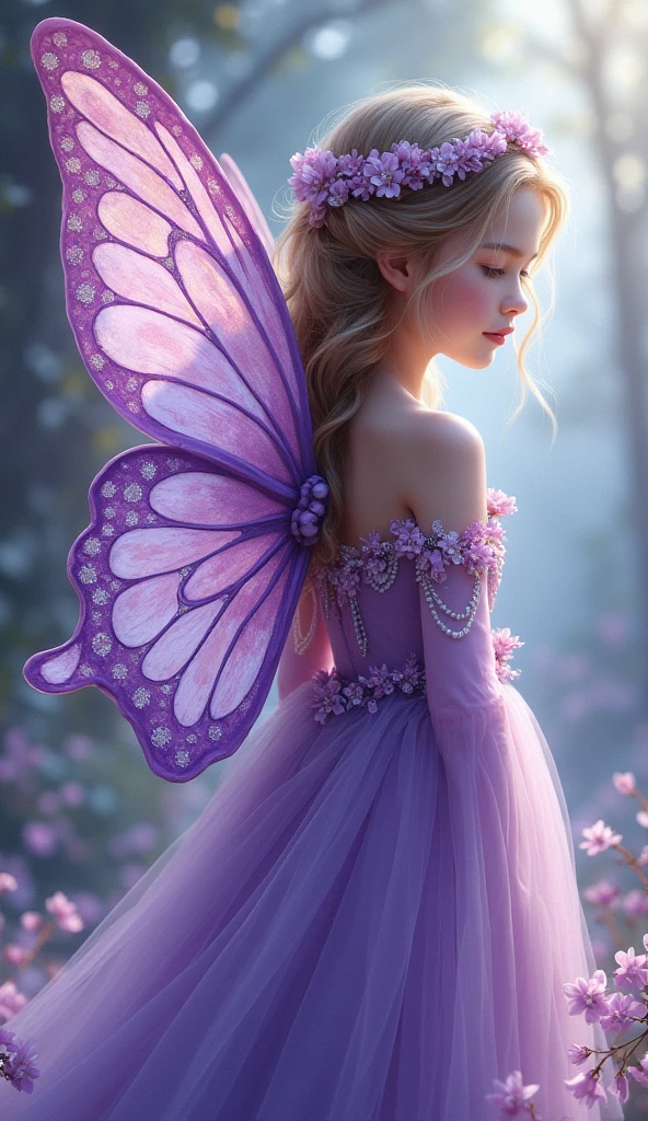 small fairy, plays on large tuberous, flowers in the background, high angel pov 120mm, macro shot, depth of field, soft front light, glow, HDR, (muted colors:1.2), Canon RF 100mm F2.8L Macro IS USM