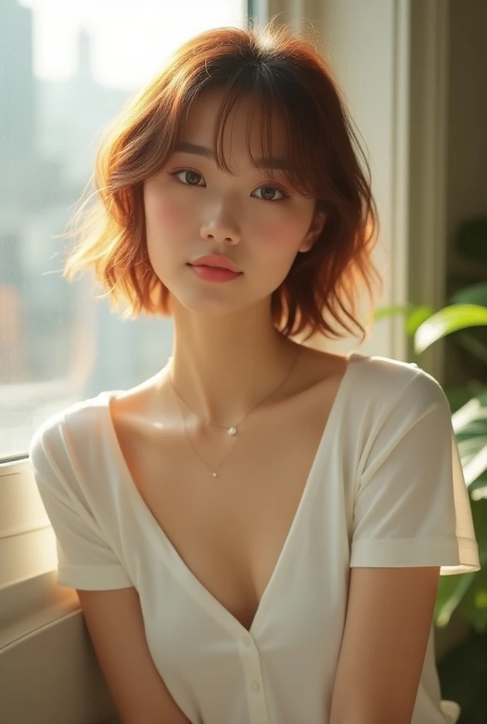 (Highest quality), (masterpiece), (One girl), alone, Chinese Girl, 20-year-old, 8K ポートレートphotograph, 3/4 shots, Depth of written boundary, Browsing Caution, (indoor), Blonde, Very detailed, Exposing shoulders, Excellent anatomy, Beautiful attention to detail, photograph, Bokeh, Small breasts