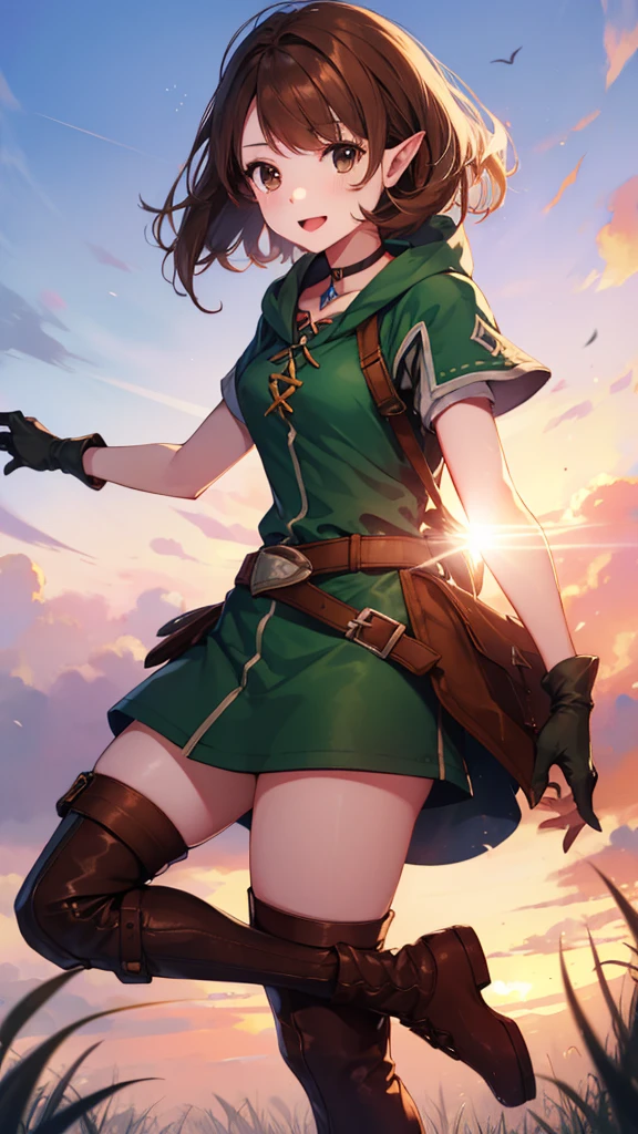 (masterpiece, best quality:1.2), 1girl, pokemon trainer gloria, happy face, looking at horizon, escaping from a enemies, medium brown hair, brown eyes, green capelet, green hood, leather gloves, skirt, thigh boots, choker, belt, medium breasts, full body, hyrule field breath of the wild, High Quality, bow in hand, sword and shield in back,