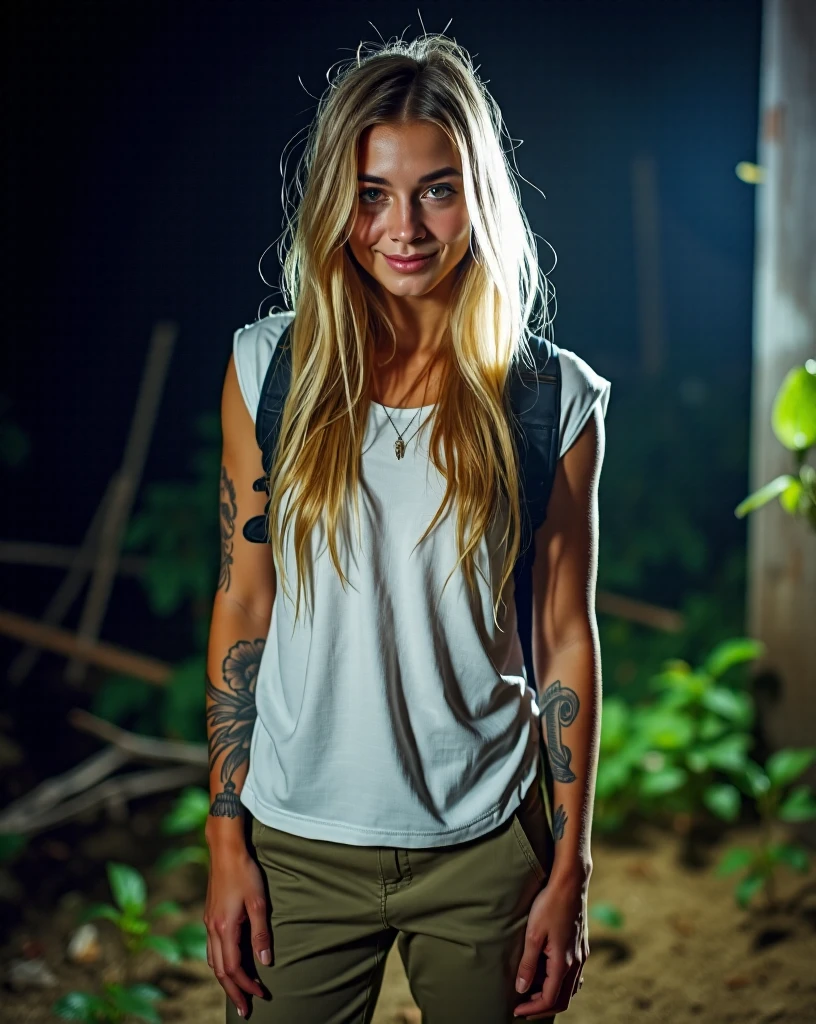 closeup half body torso view symmetrical portrait view of athletic, extremely pale skin homeless very young woman who is very scared, dirty, filthy  and poor standing in the Louisiana Everglades wearing  a very lite white oversized sleeveless capsleeve shirt with capsleeves that ends at the acromion, her shirt is tucked into her pants, , she has lots of  tattoos covering  both of her arms,  and long blonde  hair, she is also wearing a backpack and smiling

Cap sleeves are designed to cover the shoulder but not extend fully over the arm, often ending just past the shoulder. In this case, the woman's cap-sleeve gown is short enough that her armpits are visible. This could be due to the design of the shirt, or it could be a result of the pose she's striking. backlit

She is outside at night with a huge flash from the camera shining on her

Photo is taken in the night time with large camera flash shining on her body