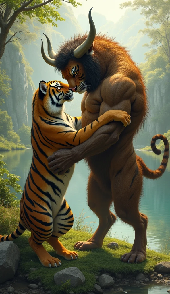 anthro male lion and beautiful female human, concept art, side view, newest, forest background, missionary sex, full body, sperm cell, ovum, (2023:1), (best_quality:1), (high_quality:1), (absurd_res:1), (hi_res:1), (detailed:1), 