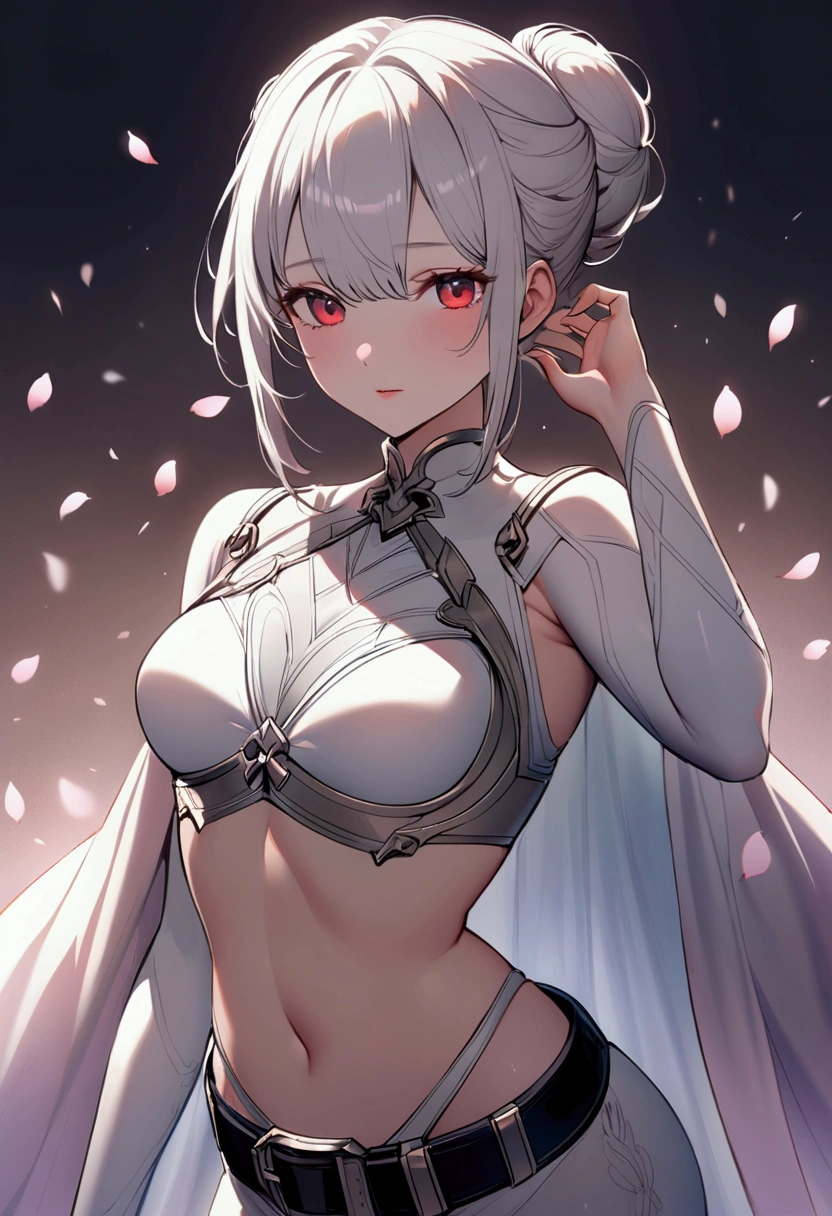 1girl, 18 year old female, Okita Souji Alter, Fate Grand/Order, anime style, ultra realistic, high detail, sexy pose, sexy, beautiful, exposed skin, slender, skinny, exposed breast, breast, nipples, nude, nudity, absurdres, high res, ultrasharp, 8K, UHD, retina, masterpiece, accurate, anatomically correct, perfect anatomy, textured skin, super detail, high details, high quality, award winning, best quality, high res, looking at viewer, detailed eyes, four fingers and one thumb per hand, perfect hands, perfect finger, two arms only, no clothes, revealing, white hair, yellow eyes, dark skin, tanned skin