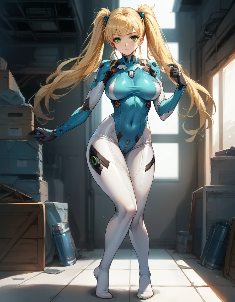 4K, masterpiece,  1 girl, blonde,  Twin Tails, beautiful, green eyes, Improve, Compensate, Big Breasts, ,  futuristic white super tight suit、 white stockings , clevis、Belly button、Full Front Zipper Opening 、 Storehouse、 Full Body Portrait、 sexy pose、Sexy standing pose