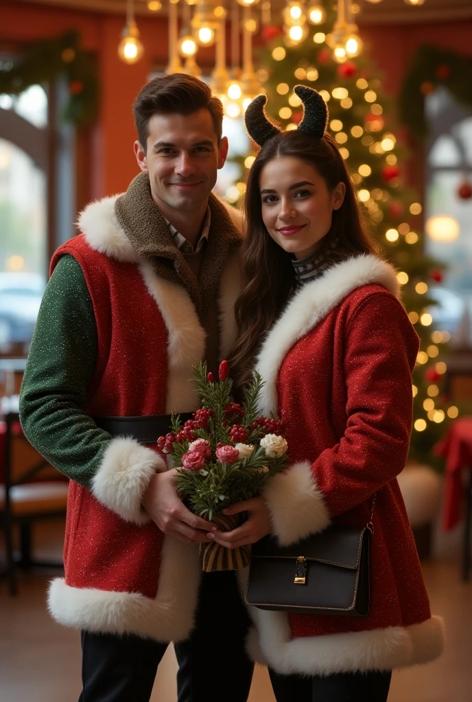High quality 8k resolution masterpiece : This charming front photo ,Difference in height ,Young couple , [ wearing an oversized costume of a Christmas show , with space and fantasy themes ,Match , Fashion and Art , Christmas style becomes more fun cute colorful fashion style , ,A handsome tall short dark-haired man , Beautiful wavy brown hair tied in a ponytail and waist , The background is a high-end restaurant celebrating Christmas atmosphere ,guest