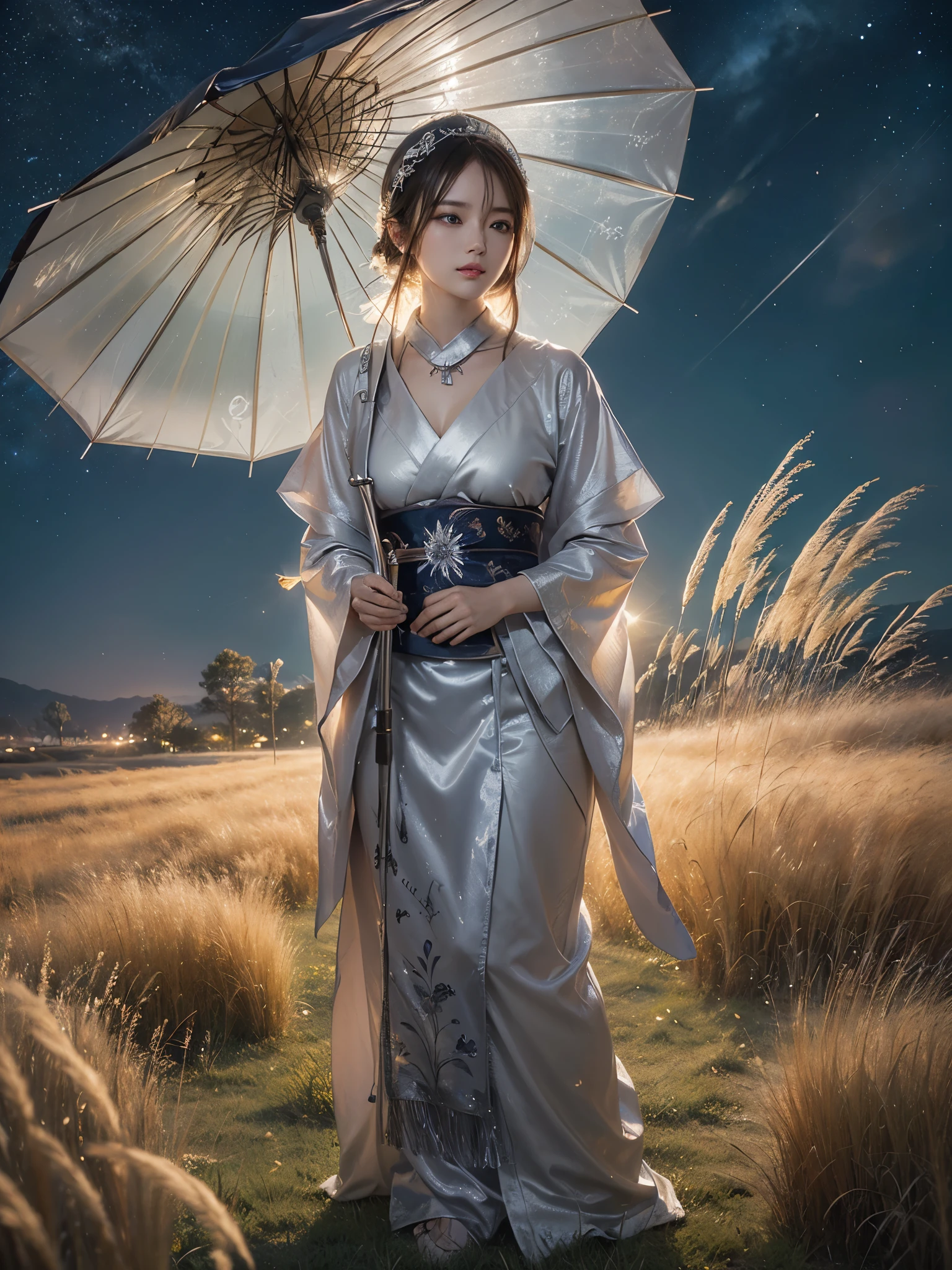 (photo realistic:1.35),  masterpiece, best quality, CG, wallpaper, HDR, high quality, high-definition, extremely detailed, 
(Intricate details), (Subtle details), (Intricate details), 

(A woman standing in a tall field of Japanese silver grass field:1.3), beautiful scenery, 
(midnight, night sky), ((starry sky)),
shine, glint, 

brown hair, cleavage, 
(wearing soft silk clothing), (a long muffler around her neck), 
(holding an umbrella),  headdress, 
 
shining eyes, 
perfect face, detailed face, 

