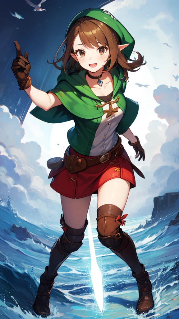 (masterpiece, best quality:1.2), 1girl, pokemon trainer gloria, happy face, looking at horizon, escaping from a enemies, medium brown hair, brown eyes, green capelet, green hood, leather gloves, skirt, thigh boots, choker, belt, medium breasts, full body, hyrule field breath of the wild, High Quality, bow in hand, sword and shield in back,