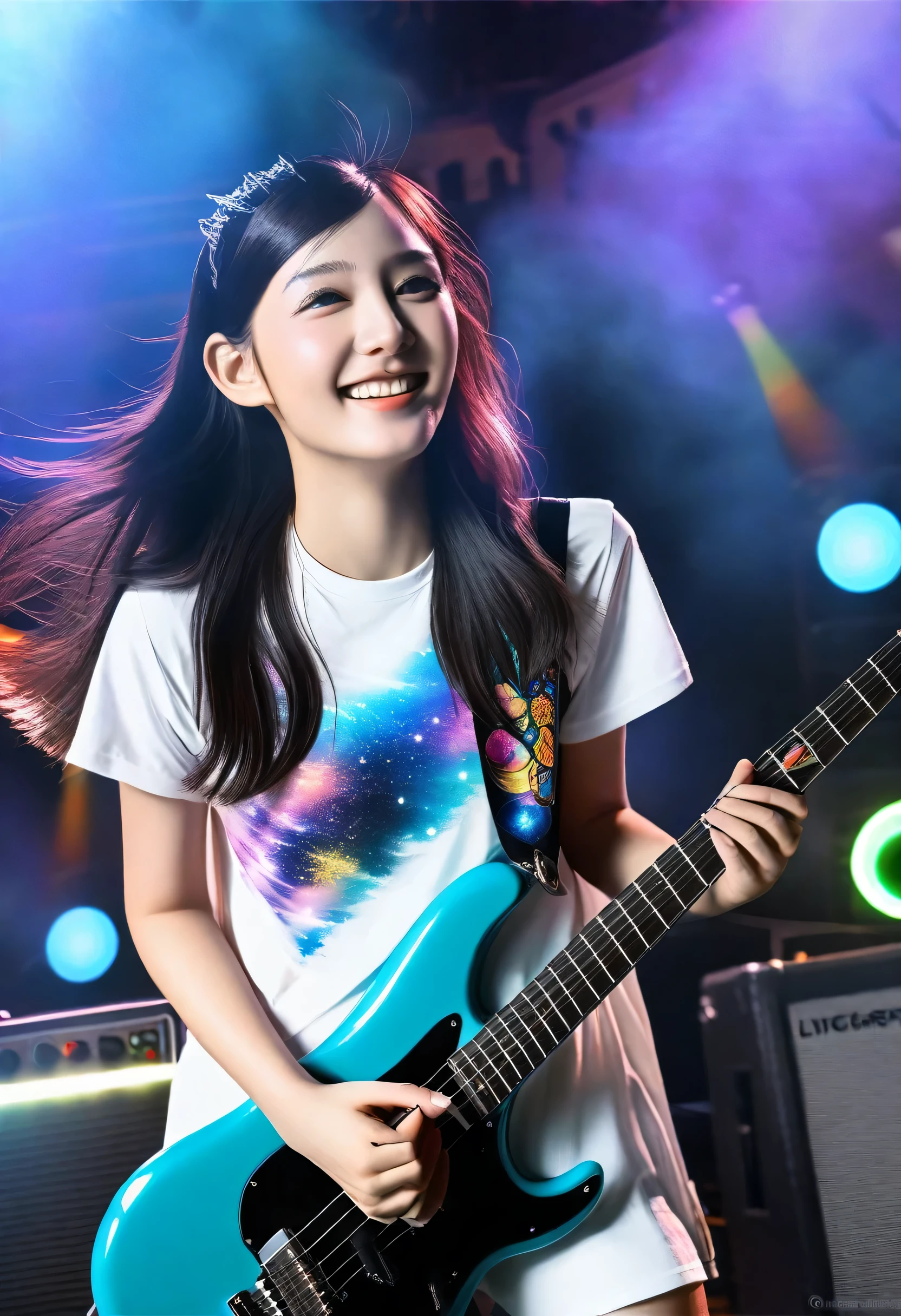 detailed reflecting eyes by professional digital painting, front lighting, 8k resolution, (girls' band:1.4), (dynamic angle), upper body, black guitar, amplifier, speaker, live stage, smile, Live festival, school, Shining Lighting,