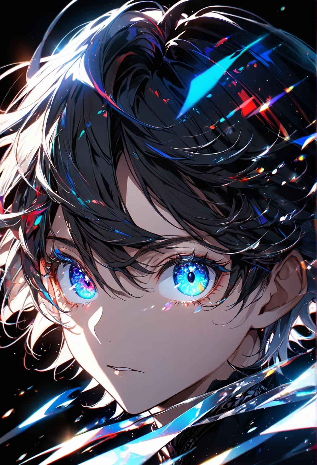 8k, Highest quality,High Contrast,One Boy,perfect face,eye (heterochromia with red and blue,big eyes,eyelashes,glowing eyes),A background with beautiful, shimmering details,Colorful light scattering and reflecting on a transparent background,