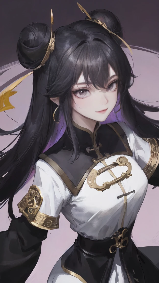  Masterpiece , best quality,  1 Xiao Wu ,  Face Color Looks Cool ,  Strong, Golden Left Eye , Red Right Eye , Long hair, Black hair,  Firm Eyes ,  Simple Uniform ,  Black Long Earrings ,  Chinese Morden Hybrid ,  Front Photo ,  simple background,  purple Background , Anime, illustration, Full body , bun hair , w