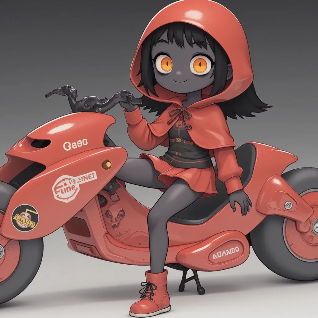 1girl,Sitting,(Akira Bike),Lean back,Put your foot forward,devil,cute,Large scooter,Very low seat,Low vehicle height,One step ahead,Akira Bike,high resolution,masterpiece,high quality, 
(Photorealsitic:1.4),Raw photo,(super realistic details),portlate,Shadow,Beautiful Skin,detailed face and eyes,Glossy lips,female curvy beauty,Striking contrast,8K,ultrasharp,Akira Bike Red,cycling