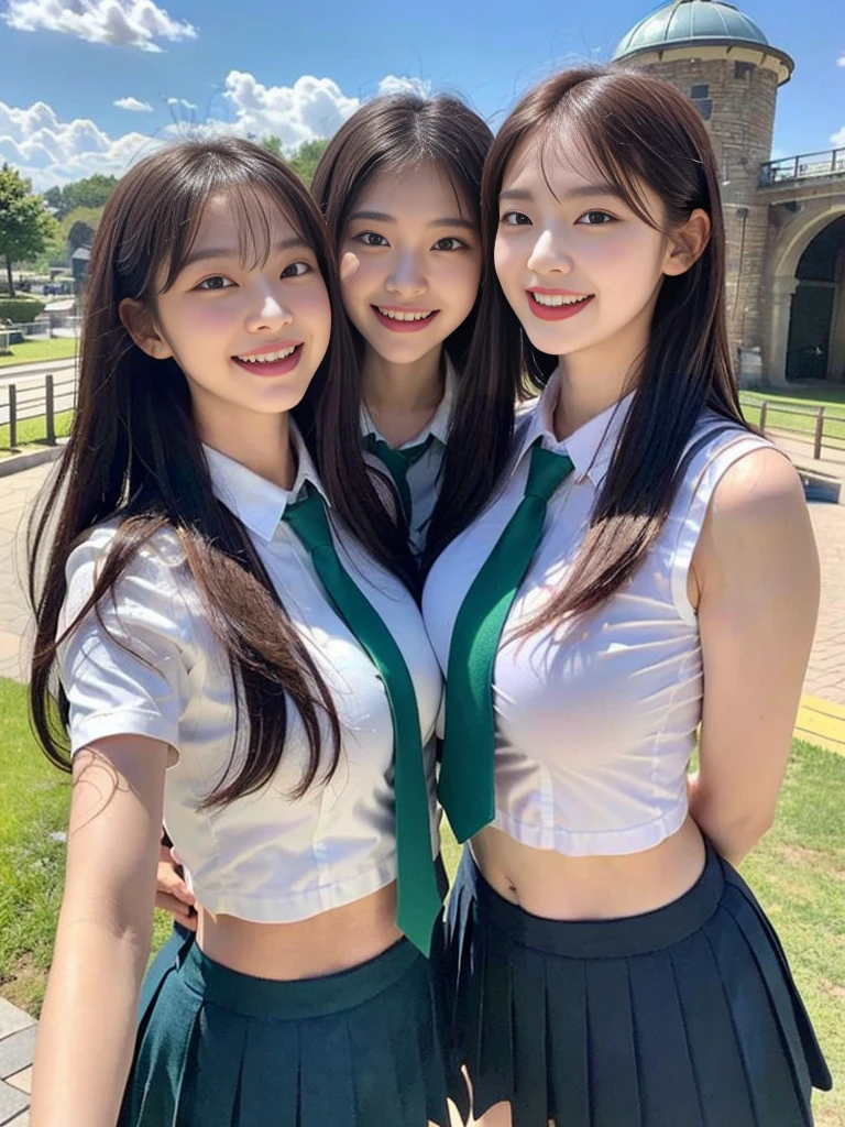 ( super cute Korean schoolgirl getting along well with her 2 beautiful best friends commemorative photo :1.2)( is laughing:1.2)(Beautiful Sweat:1.1)(16k,  RAW Photos, Best Quality, masterpiece: 1.2),( cute, glossy and beautiful dark brown bob cut blows in the wind and sways softly:1.1) Super detailed,  super resolution, (Genuine, Genuine photos: 1.37), Portraiture,  high resolution RAW color photo ,  professional photos ,  Very Detailed, 8k wallpaper,  Very Detailed CG Unity 8k wallpaper,  Very Detailed beautiful girls,  Very Detailed faces, ((whole body)), beautiful woman,  huge breasts,(huge boobs:1.1) ( big boobs:1.1), Beautiful schoolgirl (Cute summer school uniform , school-designated summer short sleeve green tie and shirt uniform ),high school girl,  Korean Girl ,(K-POP Female Idols), (Idol-level beauty)(Beautiful high school girl:1.1)(In front of the triple waterwheel at an amusement park on a sunny day)(()(Date:1.2)(Group photo:1.2)