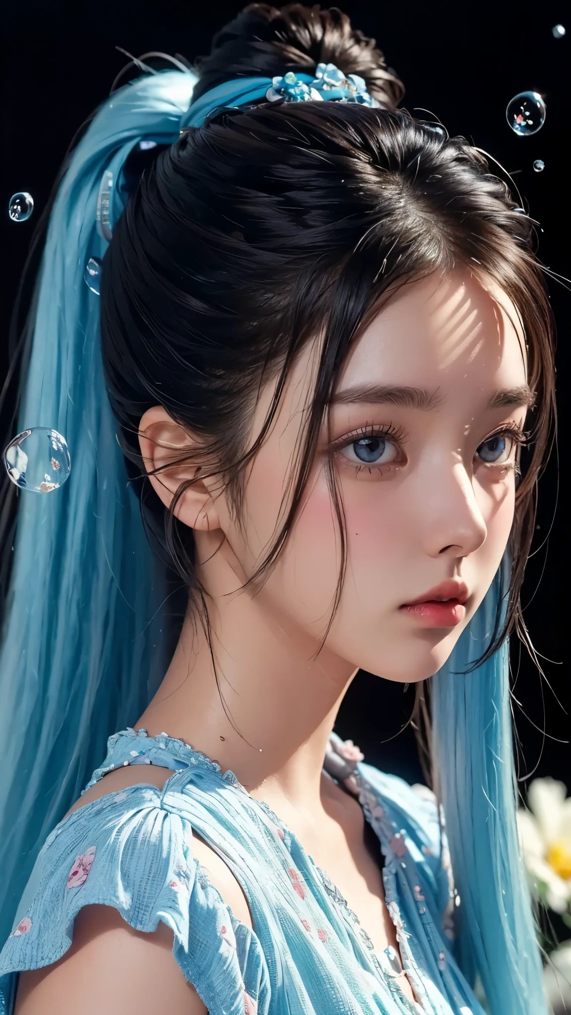 (masterpiece), (best quality), (ultra detailed),(disheed hair),(illustration), (1girl), (Fashionable clothing), standing, Fashion model, looking at viewer, (interview), (simple background), Beautiful detailed eyes, delicate beauty, floating, (high saturation), (colorful splash), colorful bubbles, (shine), focus on the face, ponytail, Ayaka Kamisato, light blue hair, bangs, scrunchies, floating flowers, flowing hair, (shiny), best lighting, best shadows, perfect hands