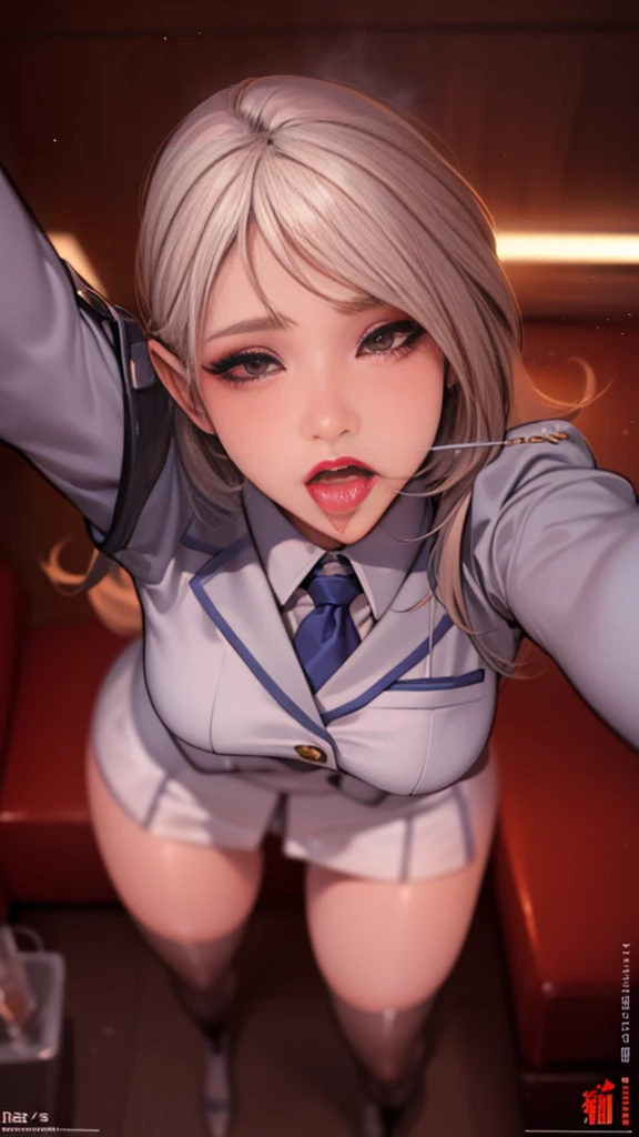 (Cinematic Digital Artwork: 1.3), High quality, masutepiece, of the highest quality, Super Detail, Illustration, [4K Digital Art]、(Moody lighting:1.2), depth of fields, Bokeh, 4K Solo, (Elite Detective、Police Uniform, policewoman), Stockings, City lights, (gaze at the audience: 1.3), Lips apart, Red lips, Shiny skin, dent in the skin, Best Quality, Ultra High Resolution, (Realism: 1.4),Fingers in someone else's mouth, Open mouth, biting fingers, Finger sucking, licking, tongue, tusk, Tongue out, POV, pov hand, Saliva, tongue、(steam,Sweat), ((a miniskirt)), Interrogation room、darkened room、Stainless steel desk and pipe chair、Katsudon and lighting on the desk、Cuffed、(((Looking up angle)))