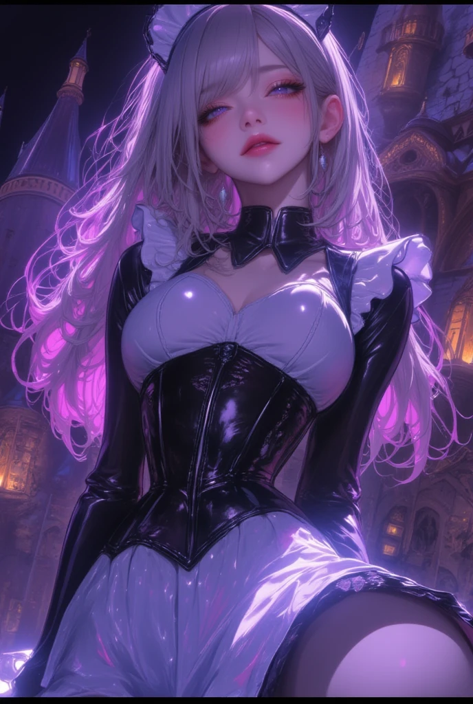  Young Beautiful Woman ,(Best Quality, Extremely Detailed Description , incredibly absurd high resolution, Sharp Teeth Like a Beast ,High quality anime drawings:2.0),(Black and white gothic maid outfit,Maid Skirt, Corset , black tights),eyelash,(Silver Hair,Purple Eyes, Half Closed :2.0, grumpy expression:2.3, big chest,Black lipstick:2.0,Heavy makeup,Beautiful legs, Pottery Skin ),(I have a message board with 200 written on it:2.0),background:Castle, Dramatic Lighting , volume lighting , mystical atmosphere