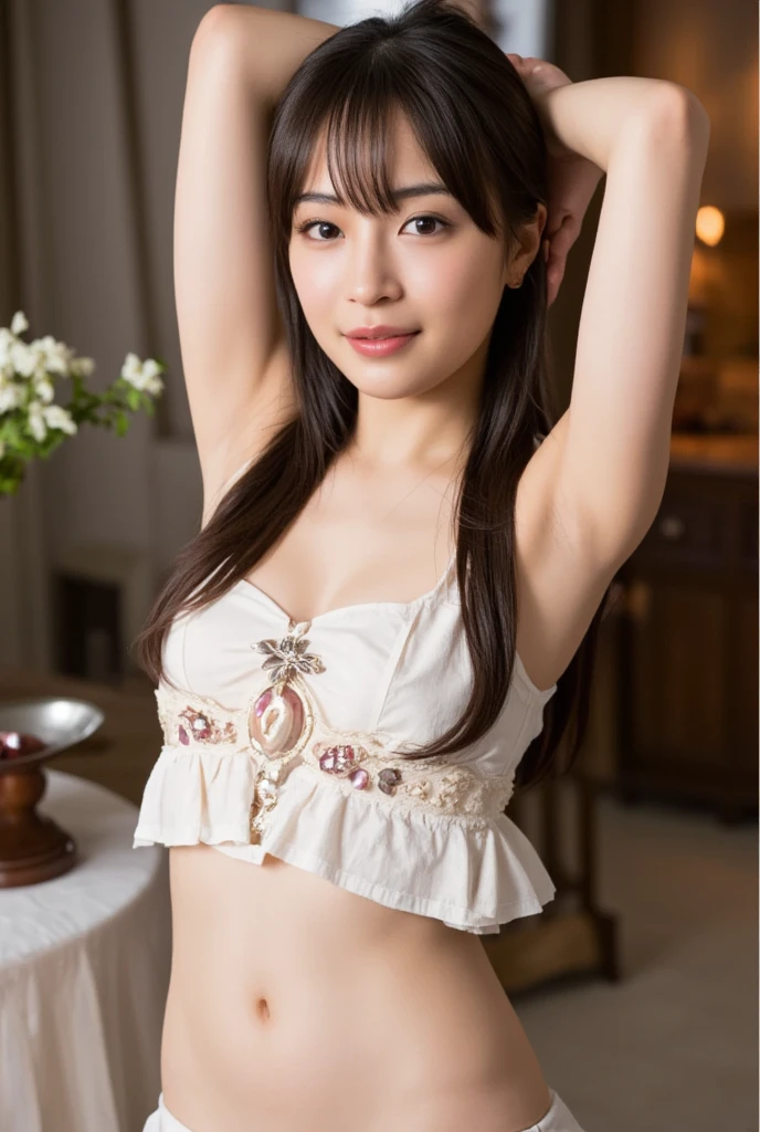 masterpiece, high quality,16k,32K,extremely cute face, (hyper-realistic, hight resolution), (best Quality,Raw photo, (Realistic, Photorealsitic, (upper_body:1.3),Staring Intently,Shy Smile (armpits,Showcasing cleavage,,(Fairytale micro bikini:1.5),Fairytale background,without makeup