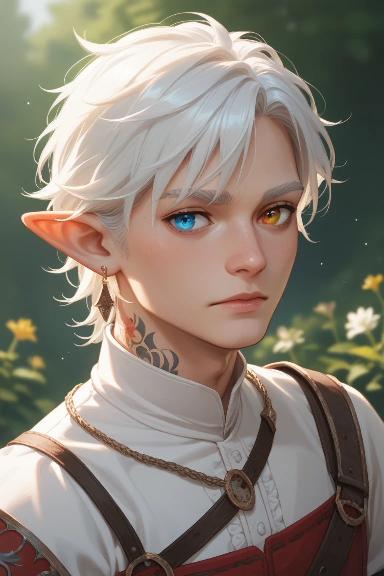 (best quality,4k,8k,highres,masterpiece:1.2),ultra-detailed,(realistic,photorealistic,photo-realistic:1.37),a guy with white hair, beautiful detailed violet eyes with long eyelashes, elf ears, extremely detailed swarthy skin, totally naked, standing in a lush green garden, bathed in golden sunlight. The guy exudes a mysterious aura with his silver-white hair shimmering in the sunlight. His violet eyes are captivating, reflecting wisdom and enchantment. His elf ears add an otherworldly charm to his appearance. The swarthy skin is meticulously crafted, highlighting his strong and masculine features. He stands confidently, his posture emanating grace and elegance. The garden is abundant with vibrant flowers and lush vegetation, evoking a sense of serenity and tranquility. The golden sunlight creates a warm, enchanting atmosphere, casting long shadows on the ground. The overall scene is breathtaking, with every minute detail meticulously captured in the artwork. The color palette is rich and vibrant, with hints of purple and green, adding depth and harmony to the composition. The lighting is soft and warm, accentuating the natural beauty of the guy and the garden.