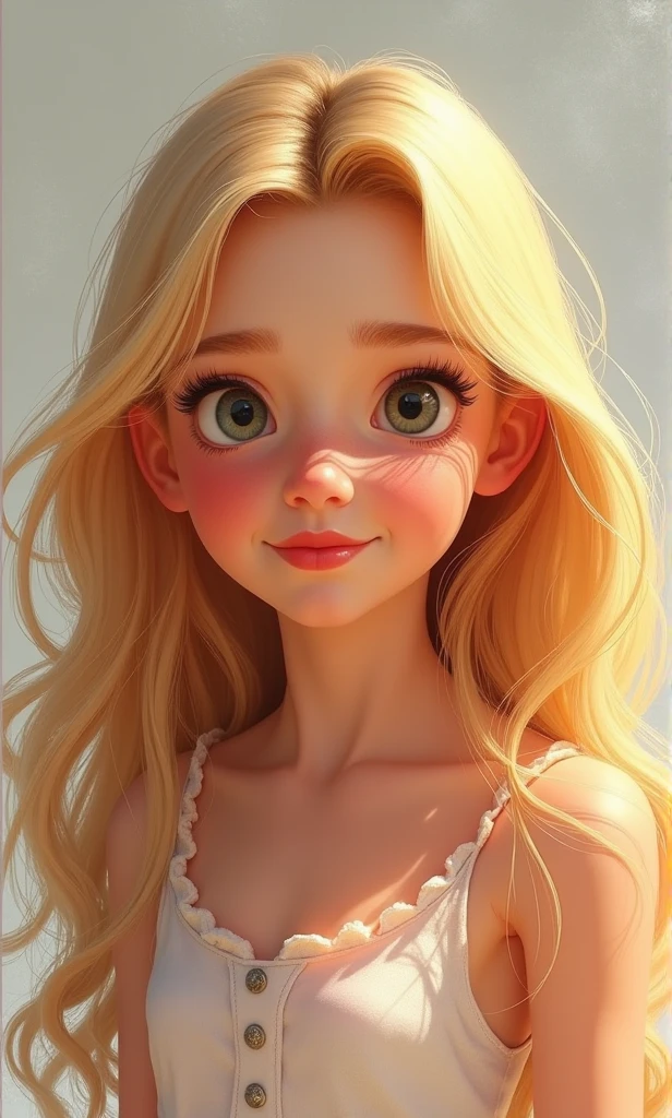 A 14-year-old blonde with blond hair looks sweet with Disney 2D style red lips 