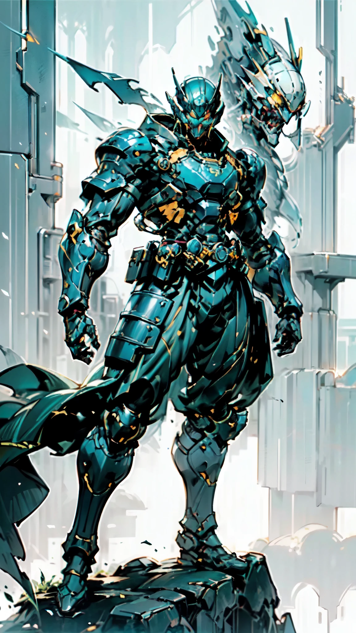 (masterpiece:1.5, best quality:1.5, extremely delicate:1.5), ((male:1.5)), a man wearing a full-face helmet, green eyes, fantasy-style high-tech biomimetic armored combat suit, (a composite layered chest armor), the design balances heavy with agility, fully enclosed shoulder guards, matching arm and leg guards, a belt of gemstone, (the color scheme is primarily Blue and White with Green accents, Organic Biotech, Concept Inspired by samurai, glowing eyes, armor glows, stand of a futuristic sci-fi city), this character embodies a finely crafted fantasy-style armored hero in anime style, exquisite and mature art style, metallic, high definition, highres, ultra-detailed, ultra-fine painting, professional, perfect body proportions, golden ratio, anatomically correct, symmetrical face, extremely detailed eyes and face, high quality eyes, creativity, RAW photo, UHD, 32k, Natural light, cinematic lighting, masterpiece-anatomy-perfect