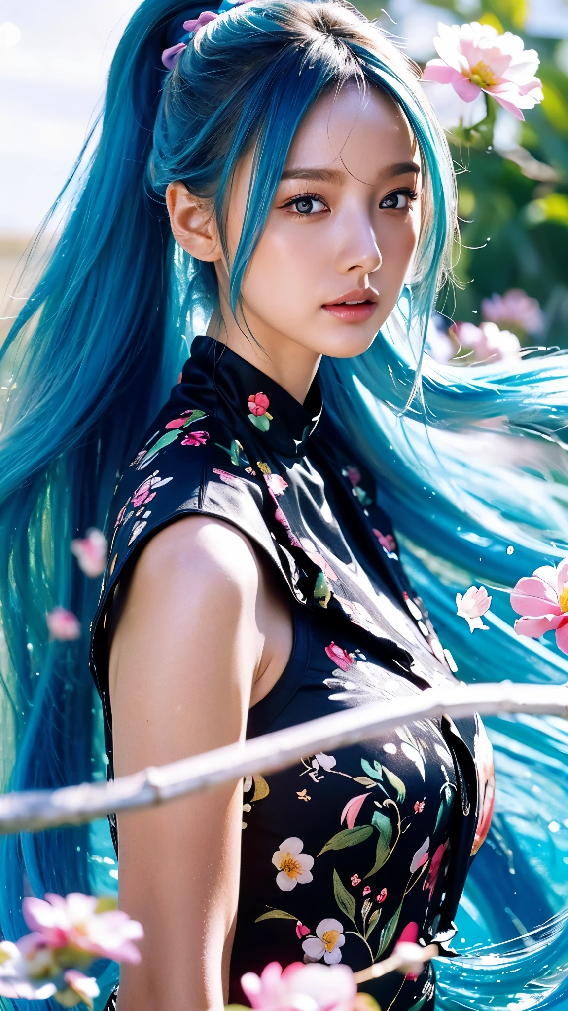 (masterpiece), (best quality), (ultra detailed),(disheed hair),(illustration), (1girl), (Fashionable clothing), standing, Fashion model, looking at viewer, (interview), (simple background), Beautiful detailed eyes, delicate beauty, floating, (high saturation), (colorful splash), colorful bubbles, (shine), focus on the face, ponytail, Ayaka Kamisato, light blue hair, bangs, scrunchies, floating flowers, flowing hair, (shiny), best lighting, best shadows, perfect hands