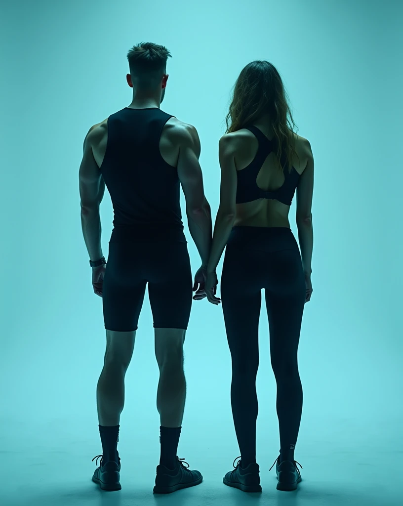 full-body photo of male and female couple, dressed as jungle spies in athletic spandex. The couple are looking away from camera, blank background, blue tint 

Result: