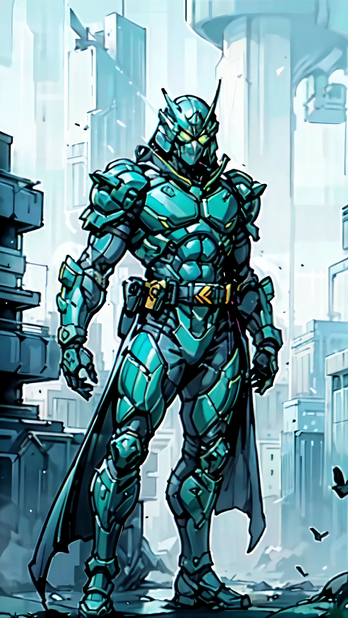 (masterpiece:1.5, best quality:1.5, extremely delicate:1.5), ((male:1.5)), a man wearing a full-face helmet, green eyes, fantasy-style high-tech biomimetic armored combat suit, (a composite layered chest armor), the design balances heavy with agility, fully enclosed shoulder guards, matching arm and leg guards, a belt of gemstone, (the color scheme is primarily Blue and White with Green accents, Organic Biotech, Concept Inspired by samurai, glowing eyes, armor glows, stand of a futuristic sci-fi city), this character embodies a finely crafted fantasy-style armored hero in anime style, exquisite and mature art style, metallic, high definition, highres, ultra-detailed, ultra-fine painting, professional, perfect body proportions, golden ratio, anatomically correct, symmetrical face, extremely detailed eyes and face, high quality eyes, creativity, RAW photo, UHD, 32k, Natural light, cinematic lighting, masterpiece-anatomy-perfect