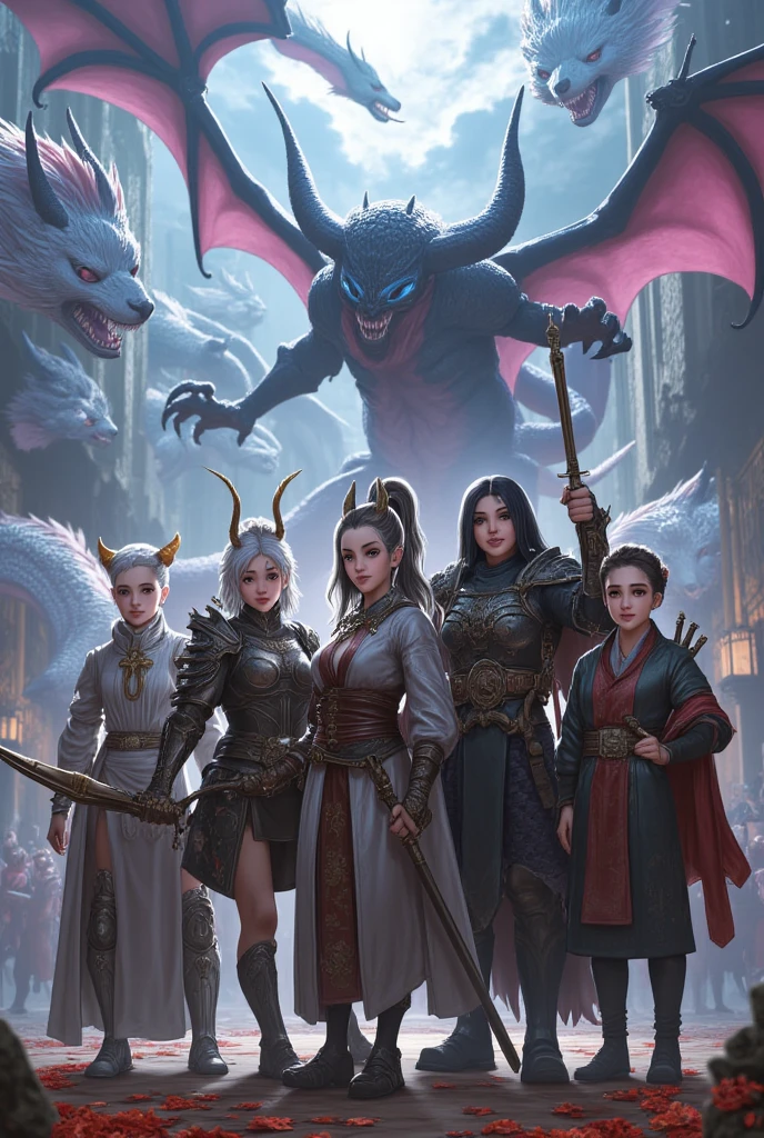  5 members A fantasy adventure group consisting of :  the first one is a white-skinned, white-skinned woman with short white hair , red eyes, with soft, pointed ears, Wearing silver armor, Carrying a bow.  The second one is a tall woman with dragon wings , Glowing blue eyes,  wears black knight armor ,  has a large shield and hoko .  and the 3rd person is a white-skinned female humanoid devil , has two short, twisted black horns,  has long black hair tied at the back , wearing a long robe with a thick collar, holding a spell book、 Carrying a Big Backpack.  the fourth person is a white fox humanoid creature 、wearing a female priestess' garb,  walking ahead .  the 5th one is a martial artist woman 、 has a folded stick , She has 2 horns on her head 、 wears a short Chinese dress . the group is standing together,  and behind them are big dragons, giant white foxes, and demons