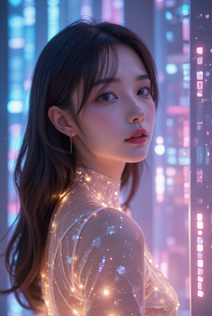   Beautiful Virtual Idols  ,  Detailed Digital Avatars  ,   Bright Holographic Figures ,   Translucent Iridescent Skin  ,  detailed facial features , Delicate expression, Long flowing hair,   Elegant Poses  ,   Surreal Futuristic Environments ,  dynamic lighting from multiple angles, Neon Glowing Details ,  cinematic composition,  vibrant color palette ,  Photorealistic Details , masterpiece