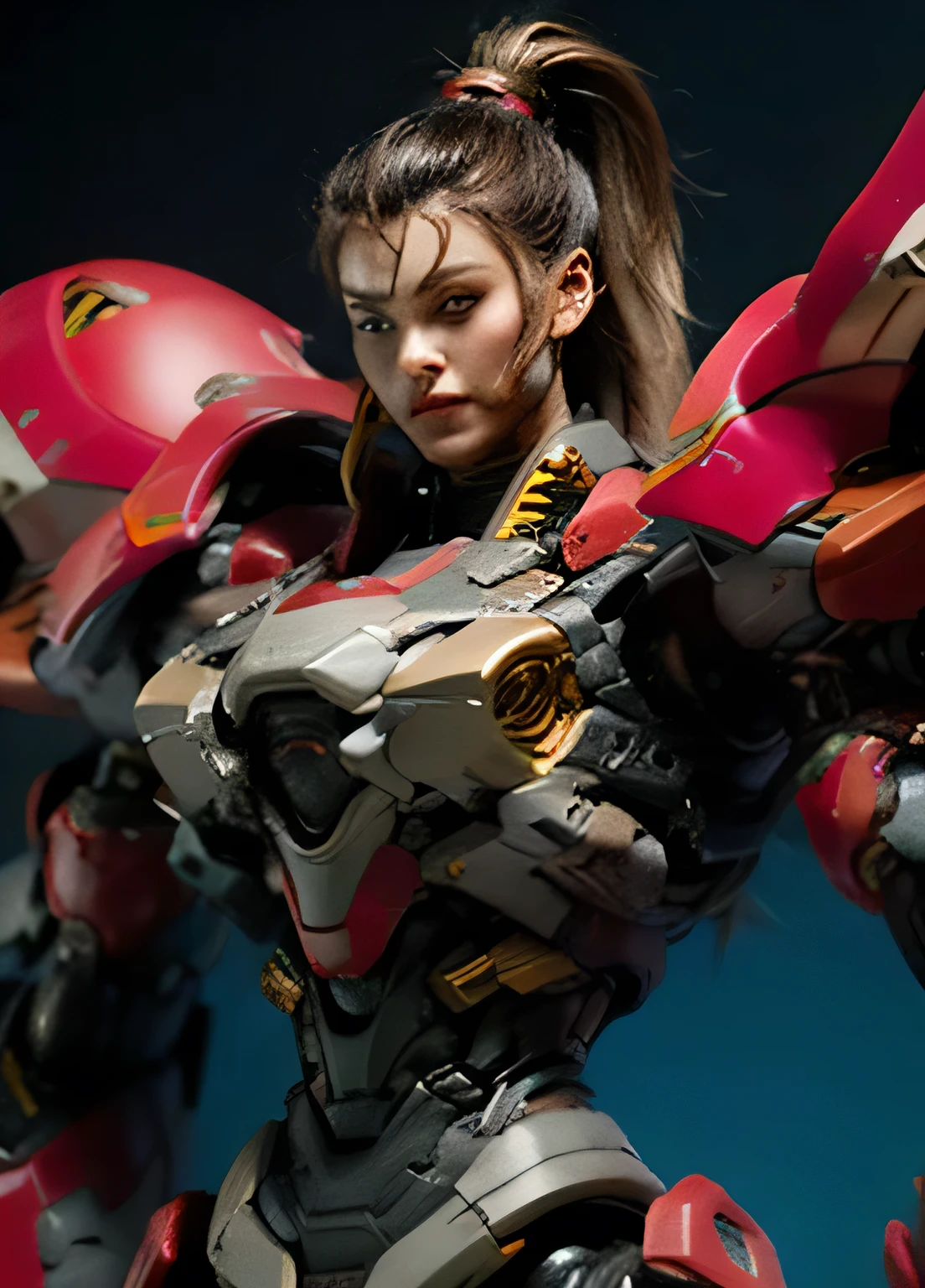 In a huge workshop with a dark environment, artificial intelligence machines simulate Victoria's sexy silicone supermodel mecha docked on a giant engineering stand,Equipped with a huge heavy artificial intelligence mechanical frame, breast structure, modular chest armor,photo movies play, plump artificial intelligence simulation machine cyberpunk module splicing breasts,Silver ponytail ,Upturned shoulder armor,Marble chest with a rusty metallic luster