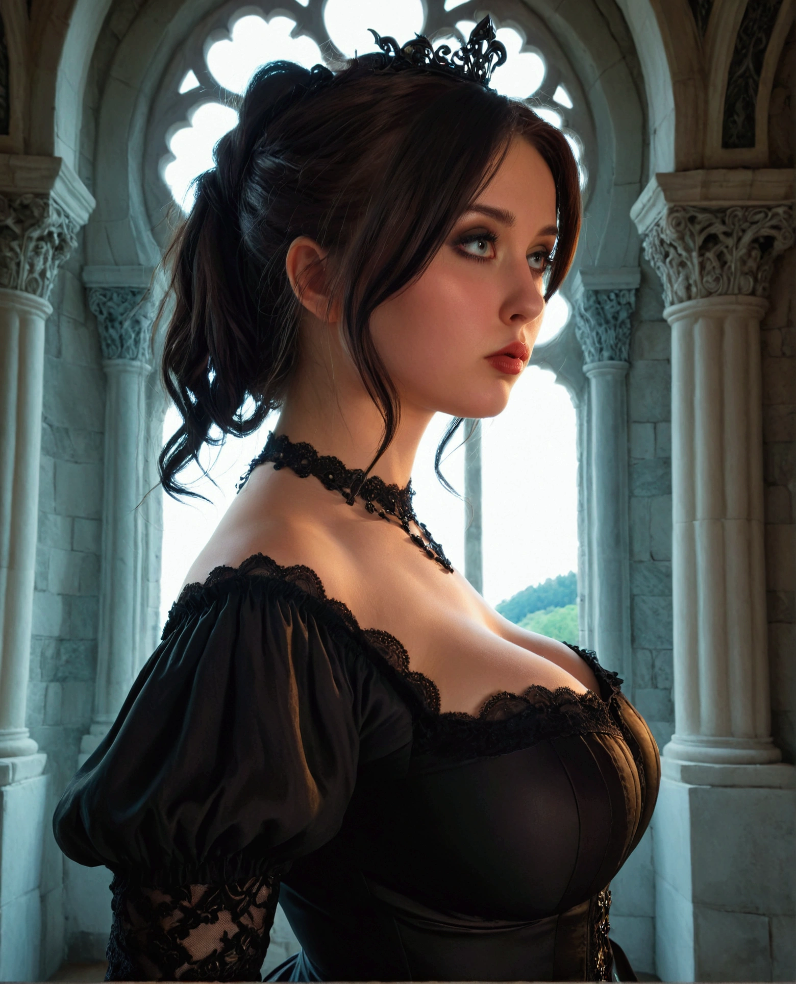 A gothic chubby woman in a black dress in a medieval castle, extremely detailed, oil painting, 8k, cinematic lighting, dramatic shadows, ornate architecture, gloomy atmosphere, moody colors, rich textures, intricate details, elegant pose, intense emotions, dark fantasy, award-winning,  крупный план, полупрозрачная юбка