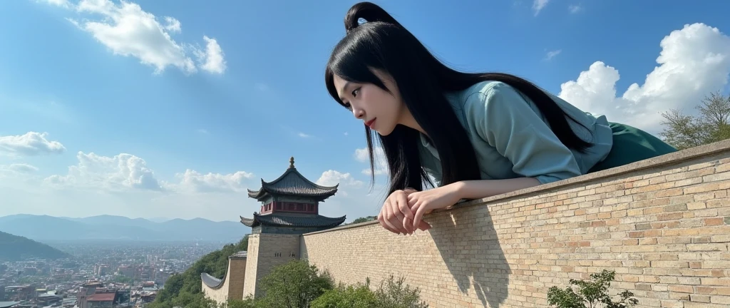 A black-hair colossal Chinese female giantess beauty standing beside a city wall, leaning forward with her arms resting on the top of the wall, looking down at the tiny inhabitants inside the city. The perspective is from the viewpoint of the small people inside the city, looking up at the giantess who is outside the wall. The giantess appears calm and curious, her large extremely perfect face and upper body towering over the wall, while the city and its small inhabitants are dwarfed by her immense size. The sky is blue with a few clouds, and details of the city and wall should be visible, emphasizing the scale difference between the giantess and the tiny people.