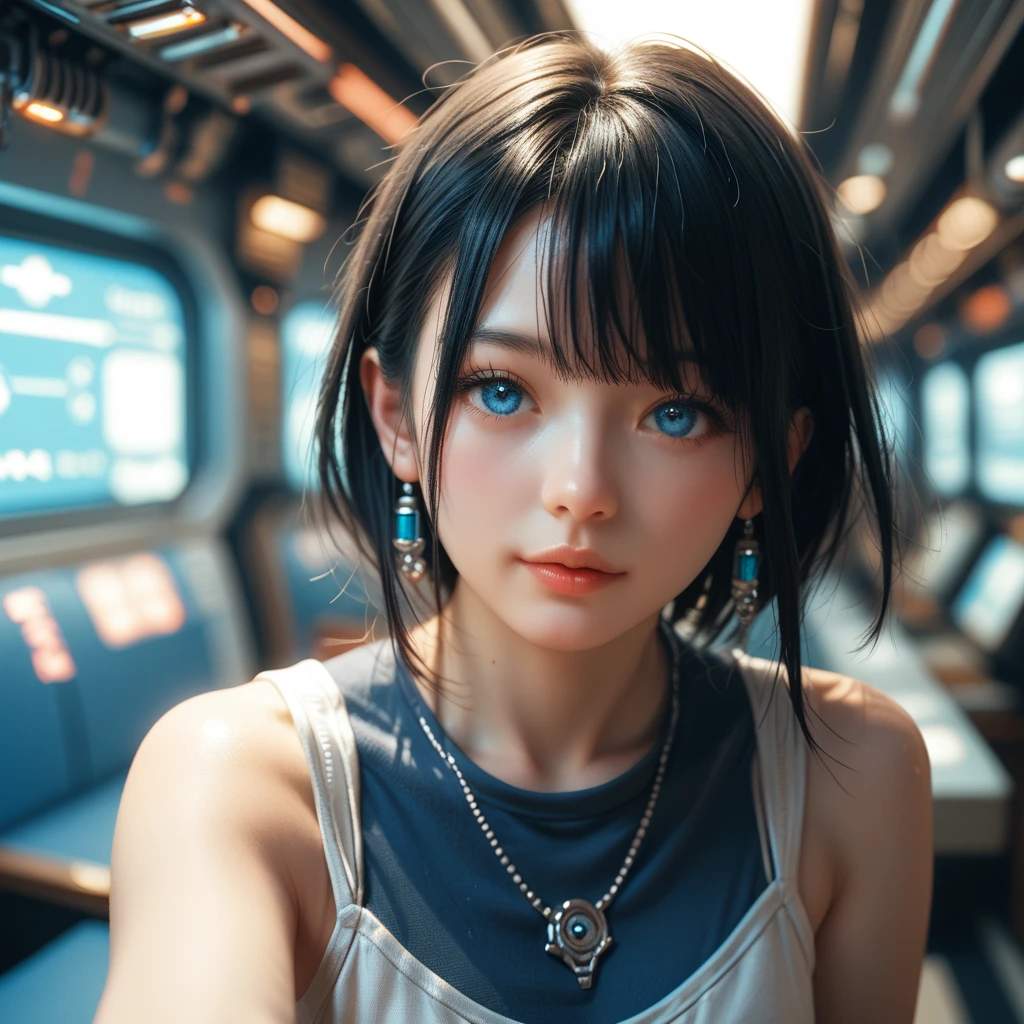 Best Quality, masterpieceUltra HD, 8k,Futuristic spaceship interior，サイバーブルースーツを着たwoman，Black Hair，青 eyes，Shortcuts, Best Quality,High resolution, Ultra HD, blue eyes,