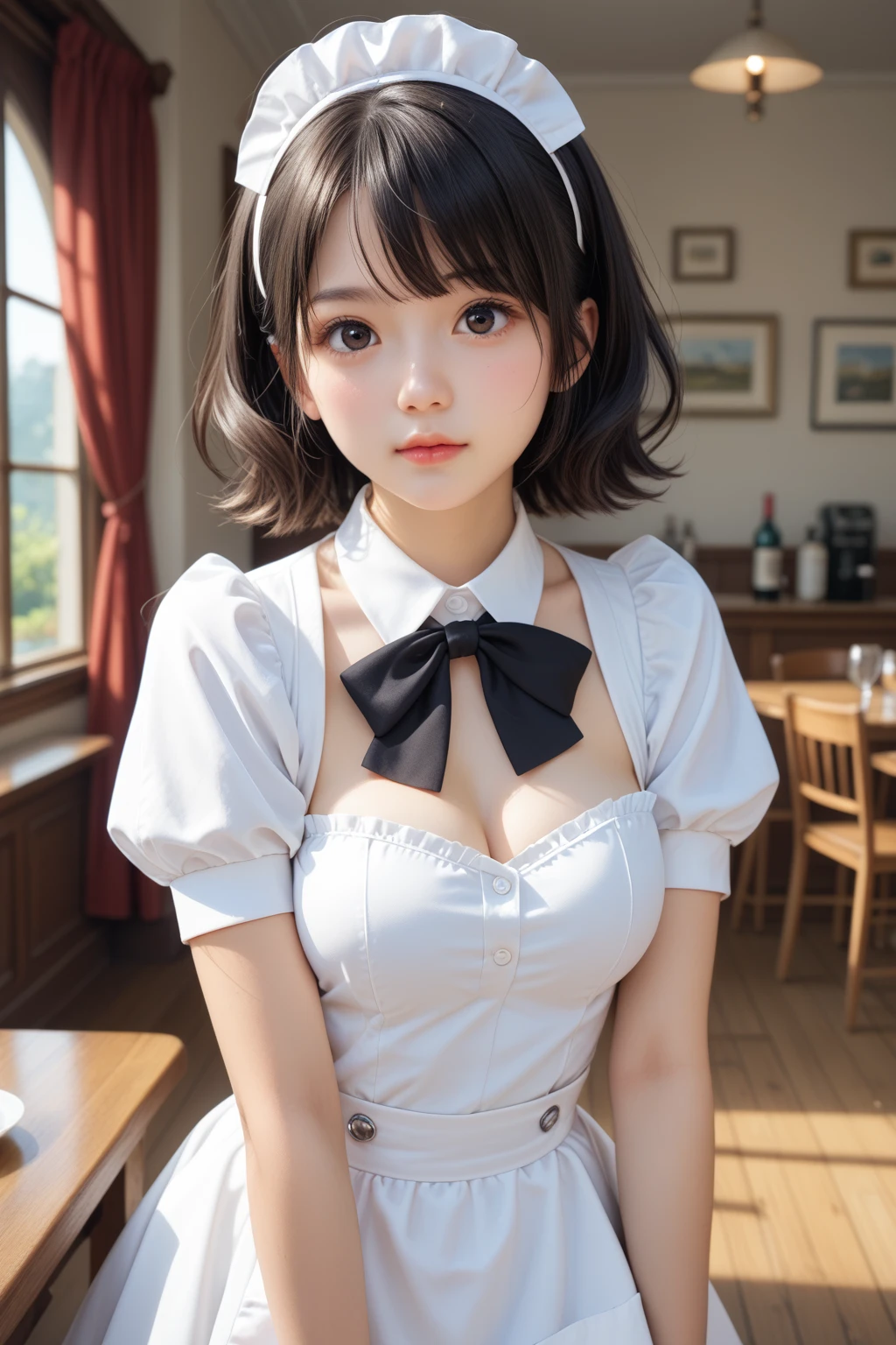 score_9,score_8_up,score_7_up,BREAK, rating_safe,source_real,one girl,tiny,round face,narrow chin,detailed face,idol eyes,big eyes,black eyes,waitress uniform,beautiful iris,small nose,small mouth,no make up,looking at viewer,medium breasts,cowboy shot,indoors