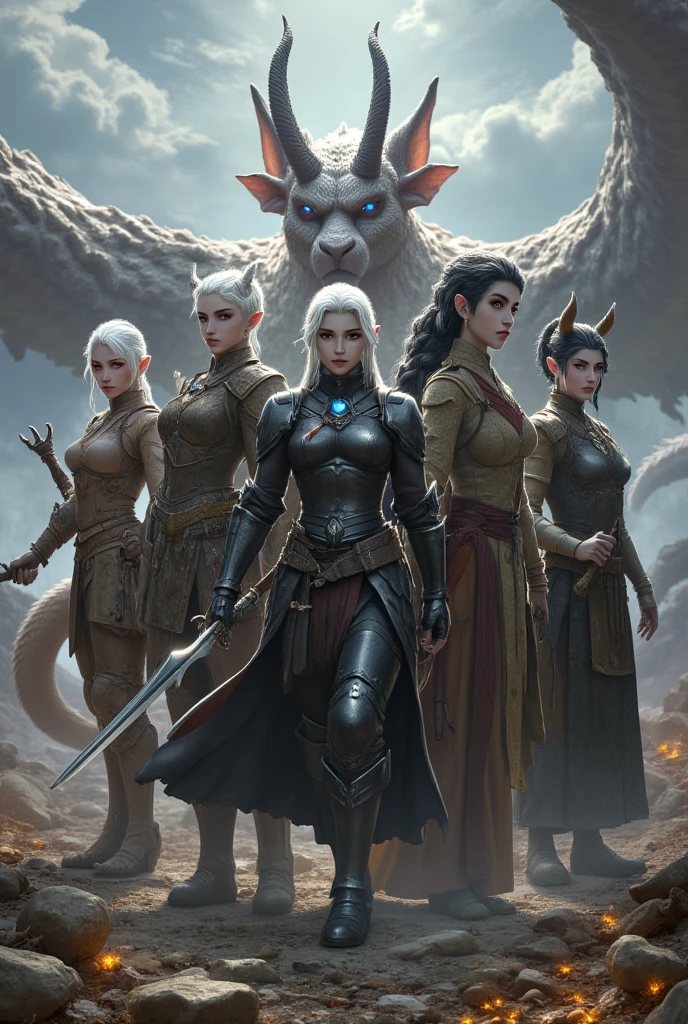  reality, Photo quality,  5 members A fantasy adventure group consisting of :  the first one is a white-skinned, white-skinned woman with short white hair , red eyes, with soft, pointed ears, Wearing silver armor, Carrying a bow.  The second one is a tall woman with dragon wings , Glowing blue eyes,  wears black knight armor ,  has a large shield and hoko .  and the 3rd person is a white-skinned female humanoid devil , has two short, twisted black horns,  has long black hair tied at the back , wearing a long robe with a thick collar, holding a spell book、 Carrying a Big Backpack.  the fourth person is a white fox humanoid creature 、wearing a female priestess' garb,  walking ahead .  the 5th one is a martial artist woman 、 has a folded stick , She has 2 horns on her head 、 wears a short Chinese dress . the group is standing together,  and behind them are big dragons, giant white foxes, and demons