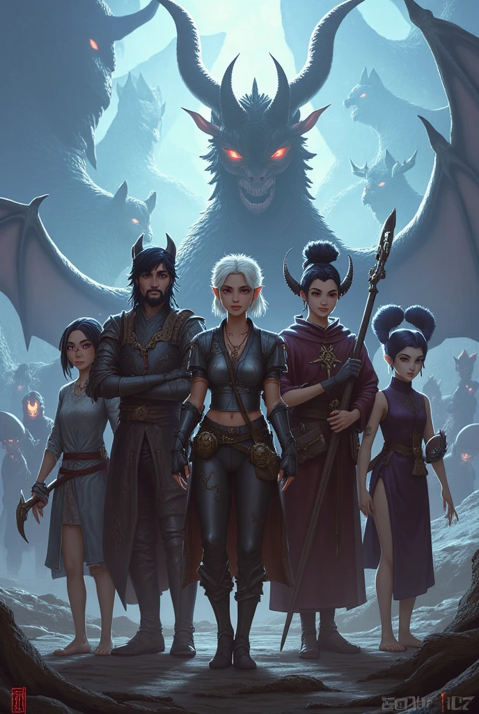  reality, Photo quality,  5 members A fantasy adventure group consisting of :  the first one is a white-skinned, white-skinned woman with short white hair , red eyes, with soft, pointed ears, Wearing silver armor, Carrying a bow.  The second one is a tall woman with dragon wings , Glowing blue eyes,  wears black knight armor ,  has a large shield and hoko .  and the 3rd person is a white-skinned female humanoid devil , has two short, twisted black horns,  has long black hair tied at the back , wearing a long robe with a thick collar, holding a spell book、 Carrying a Big Backpack.  the fourth person is a white fox humanoid creature 、wearing a female priestess' garb,  walking ahead .  the 5th one is a martial artist woman 、 has a folded stick , She has 2 horns on her head 、 wears a short Chinese dress . the group is standing together,  and behind them are big dragons, giant white foxes, and demons