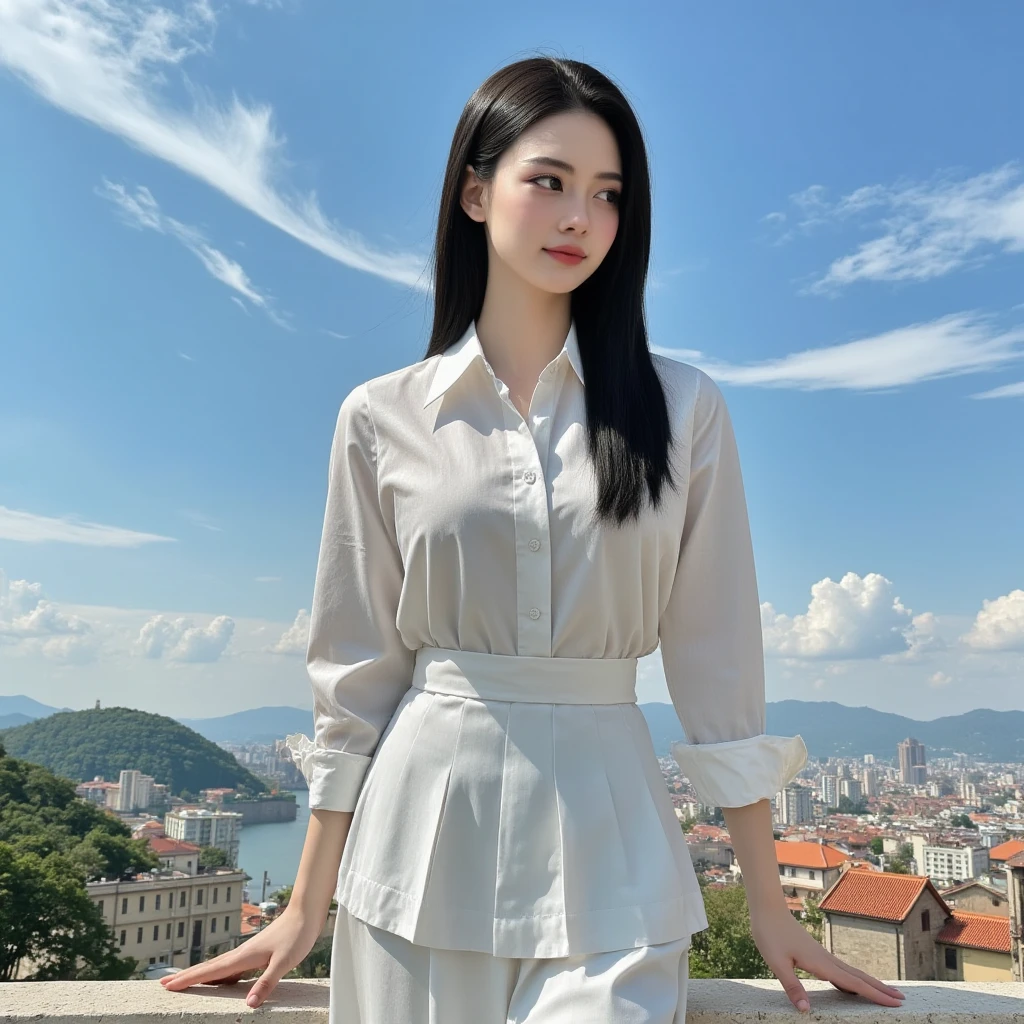 A black-hair colossal Chinese female giantess beauty standing beside a city wall, leaning forward with her arms resting on the top of the wall, looking down at the tiny inhabitants inside the city. The perspective is from the viewpoint of the small people inside the city, looking up at the giantess who is outside the wall. The giantess appears calm and curious, her large extremely perfect face and upper body towering over the wall, while the city and its small inhabitants are dwarfed by her immense size. The sky is blue with a few clouds, and details of the city and wall should be visible, emphasizing the scale difference between the giantess and the tiny people.