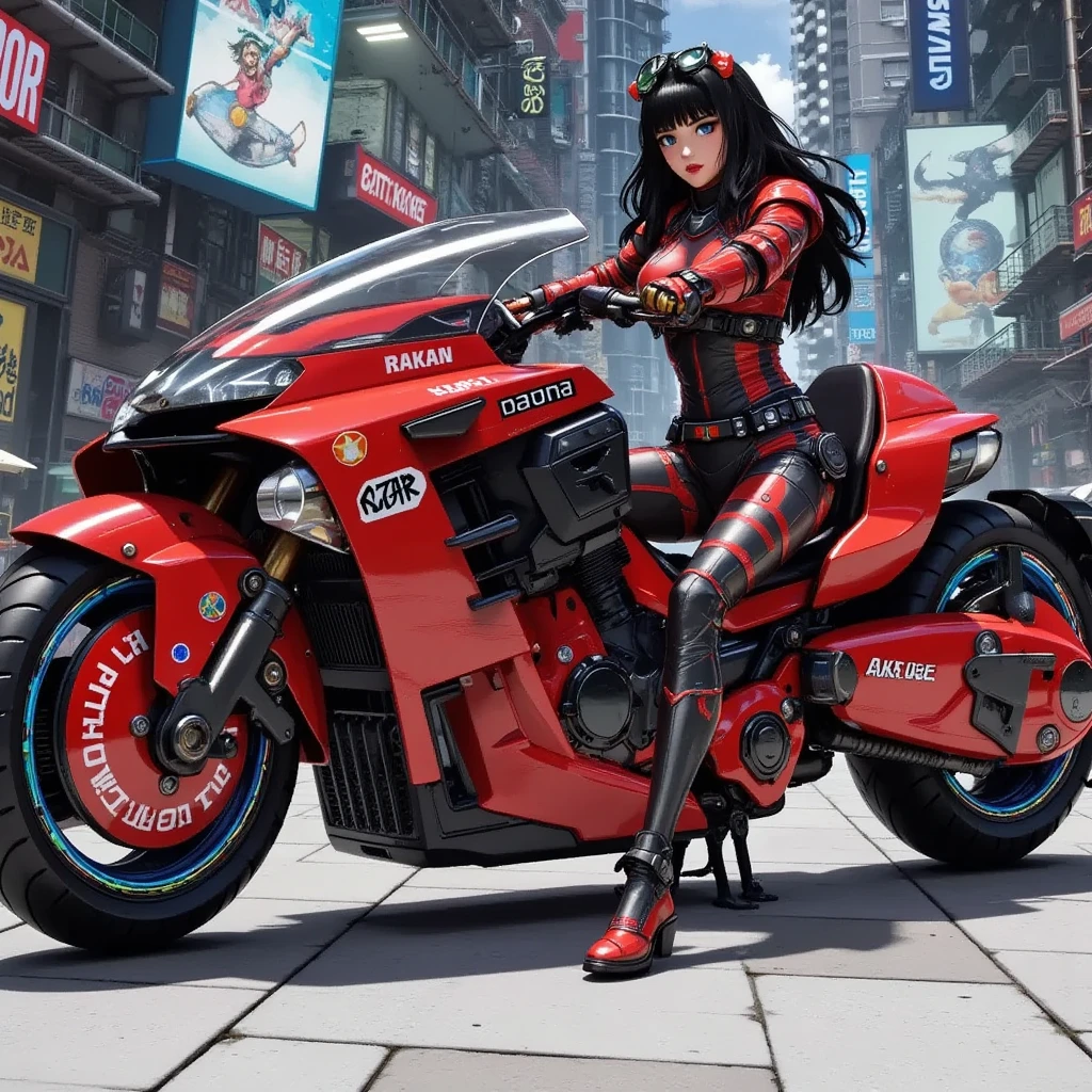 1girl,Sitting,Akira Bike,Lean back,Put your foot forward,Thick eyebrows,police uniform,Large scooter,Very low seat,Low vehicle height,One step ahead,Akira Bike,high resolution,masterpiece,high quality, 
(Photorealsitic:1.4),Raw photo,(super realistic details),portlate,Shadow,Beautiful Skin,detailed face and eyes,Glossy lips,female curvy beauty,Striking contrast,8K,ultrasharp,Akira Bike Red,cycling,Cyberpunk City View,Spectacular screen