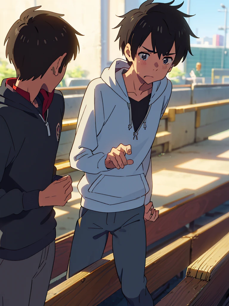 (Makoto Shinkai:1.2),(Makoto Shinkaiスタイル:1.1),(Best Quality, high resolution on down,4K,8K resolution,8k, high resolution on down,Ultra HD,Super detailed),( fine details:1.4),(Anime-like:1.4),Anime protagonist,Anime Art,Fresh,(( bright and fresh boys:1.4)),( cool:1.4,cute:1.1),(Masculine thinking fixed ), baby-faced boy,Handsome guy style boy ,popular boys , male athletic club members,Young,clavicle,(Rough Outfit ),The uniformity of rough clothing,((Rough Outfit の調整:1.4)),(Large hoodie:1.1),((Thin limbs:1.4)),Smoothly,Concave and convex,I am,(Boys with girlfriends :1.4),hero,emotional hand , real, Our Unique,passionate,Fun Daily Life , Noisy Day 々, male focus ,TRANSSEXUAL FICTION STORY ,The beginning of spring in the city ,(( forcibly become skinny boyish girls dressed as men boys with girlfriends:1.4)),,((Sudden,Forced conjugation , Cause Unknown ,unreasonable, absurd,MERCILESS,The Collapse of Everyday Life ,Unlucky Man )),( sexual arousal, white breath ,sweat,tears),(Kiritani Kazunari :1.2),