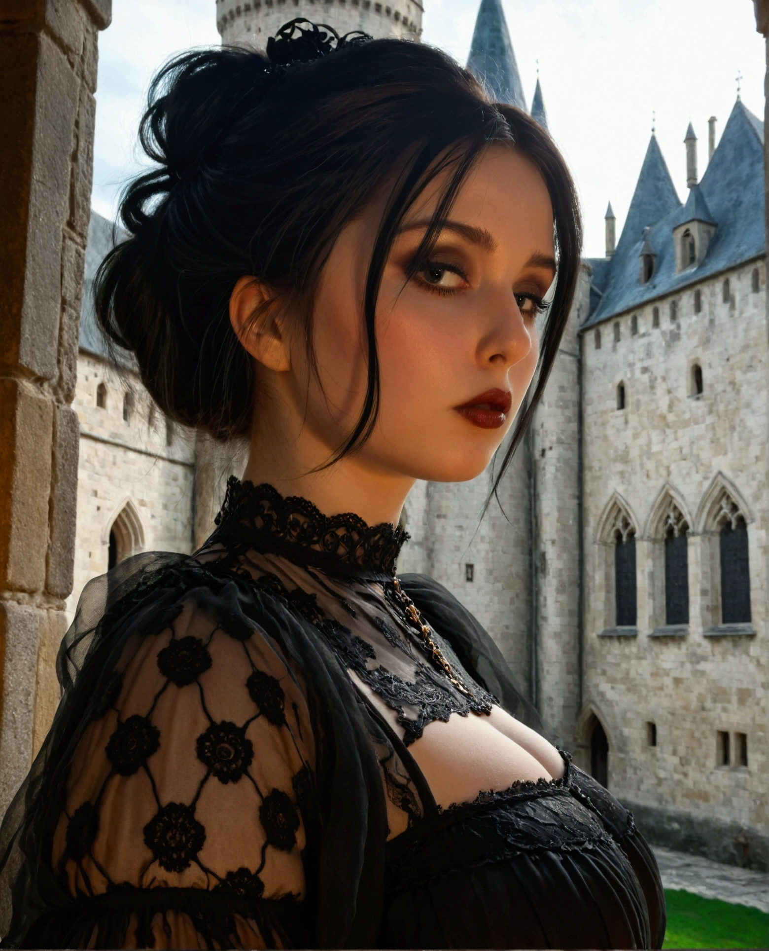 A gothic chubby woman in a black dress in a medieval castle, extremely detailed, oil painting, 8k, cinematic lighting, dramatic shadows, ornate architecture, gloomy atmosphere, moody colors, rich textures, intricate details, elegant pose, intense emotions, dark fantasy, award-winning, close-up, translucent skirt