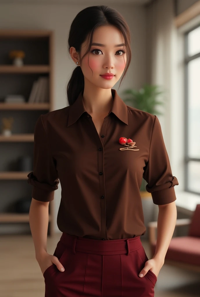 arafed woman in a red shirt and black skirt standing in front of a counter, wearing rr diner uniform, ( waitress ) girl, korean girl, korean women's fashion model, mysterious coffee shop girl, tzuyu from twice, korean woman, at the counter, gorgeous young korean woman, beautiful south korean woman, wearing loose fitting simple clothes, large hanging low flat saggy breasts with pokies,