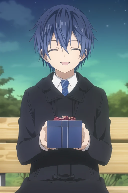 Itsuka Shido, a boy, male focus, alone, blue hair, closed eyes, smiling, open mouth, bench, night, park bench, gift, lamppost, tree, park, box, upper body, sky, outdoors.