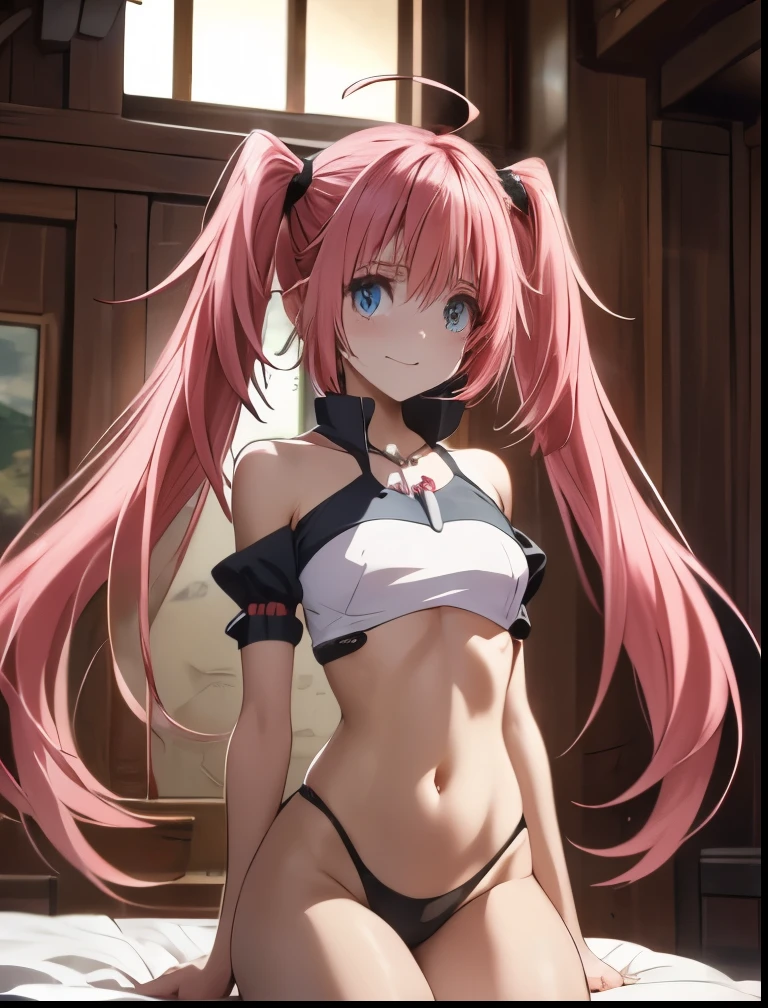 （（（ＳＦＷ、Precision、Highest quality、A first-class masterpiece、Normal body、8k、  Detailed Face 、Ultra-precision、 Normal hand、５refer to、Highest）））、-That Time I Got Reincarnated as a Slime-、Milim Nava、Pink hair、 Twin Tails、Nipple erection、white camisole with transparent nipples、 is embarrassing、blush、nervous、bedroom、First Night