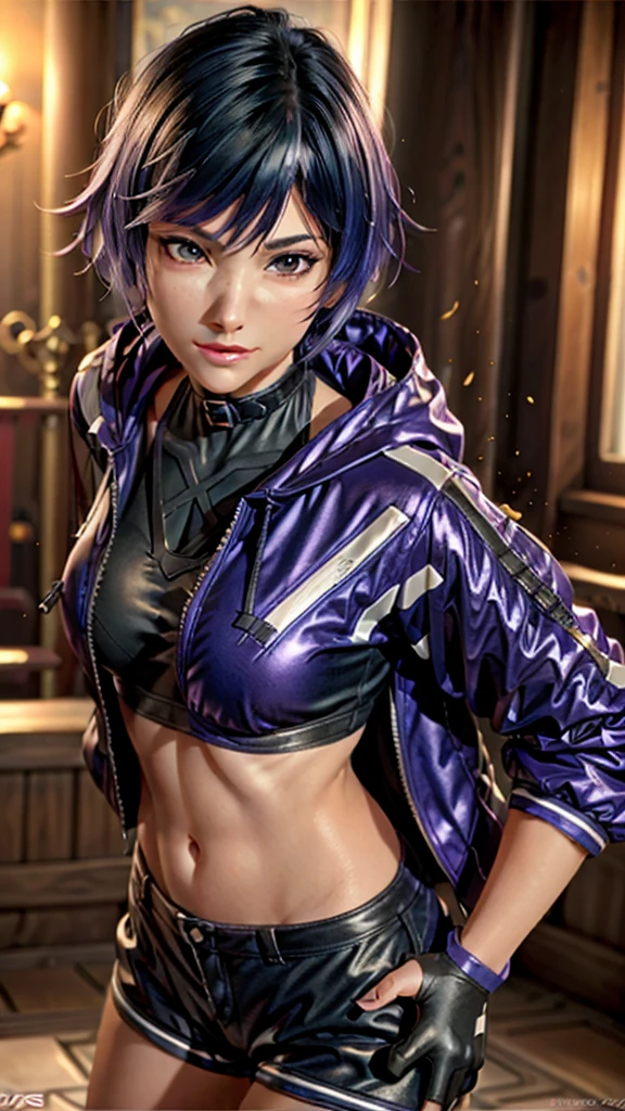 reina mishima, octane render, masterpiece, 1girl, purple hair, absurdres, high quality, jacket, smirking, confident face, small , 