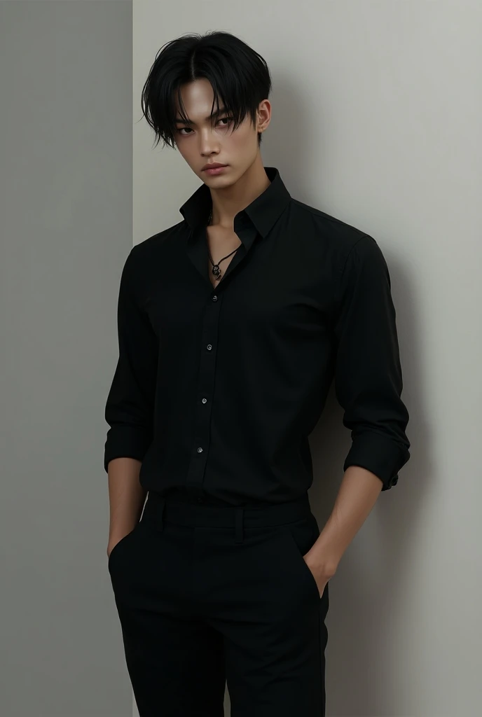 best quality, masterpiece, (photorealistic:1.4), 1youthful man,22 years-old, ultra high detail face,solo, short hair, big eyes, coat,long sleeves, upper body, dramatic lighting, Black glossy shirt,looking at viewer, standing, indoors, living room, tables, carpet, wooden floor, decorations, window, sunshin