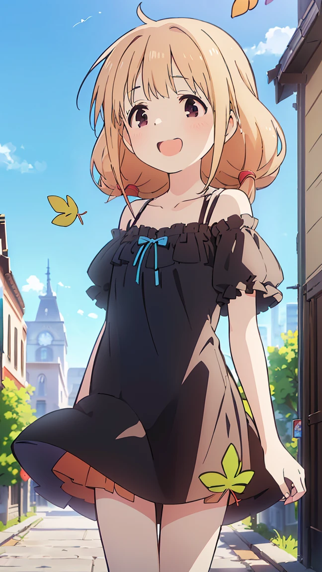 masterpiece, Best Quality,  high resolution on down,  very detailed,(((Double leaf apricot))), (((Black nightgown))), ((( Miniskirt))), ((( Standing in the Distance ))), (((Positive。))), (((Around town))), (((blue sky))), ((( is laughing。)))