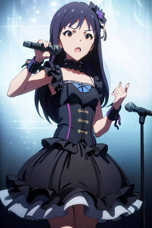 ((masterpiece, Best Quality, Super detailed,  Very Fine 8KCG Wallpaper )),  1 girl, Alone,  small breasts,  The Idolmaster, black gothic  dress, red eyes,  open your mouth ,  hair ornament,  clevis,  dress, ribbon, frills,  microphone stand,  microphone, Great hands, Perfect hands,