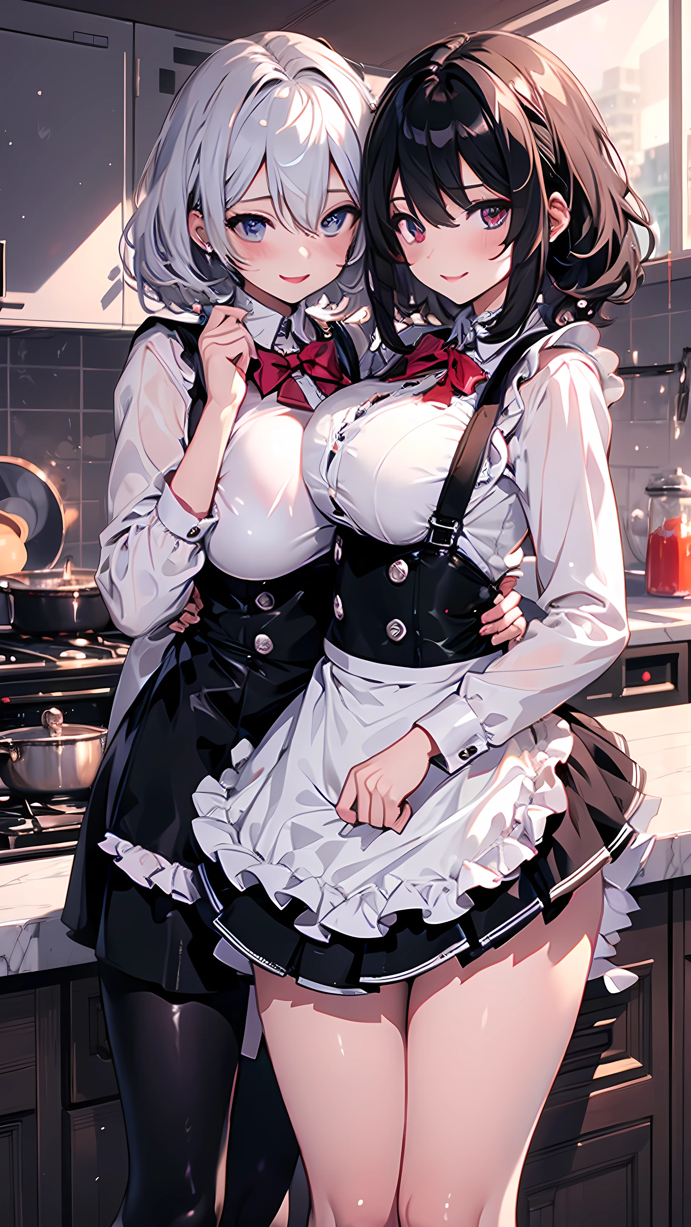 (masterpiece)、(Best Quality)、 highly detailed face,Long Hair, silver hair, black hair short hair,Big Breasts,nsfw, kitchen background,8k,Immorality,Young Girl,Student Uniform,apron,Lesbian,couple,Embrace each other,pussy